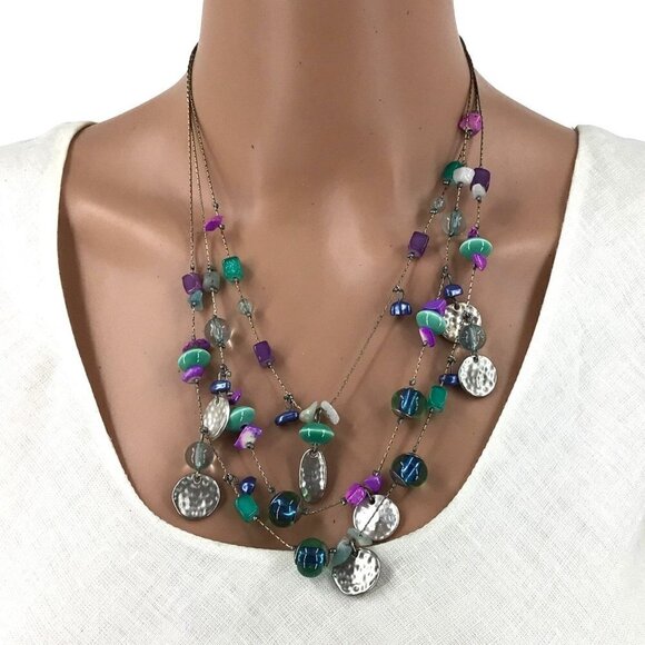 Triple Strand Necklace Vintage Silver Tone blue Purple Beaded Adjustable Length - Picture 3 of 4